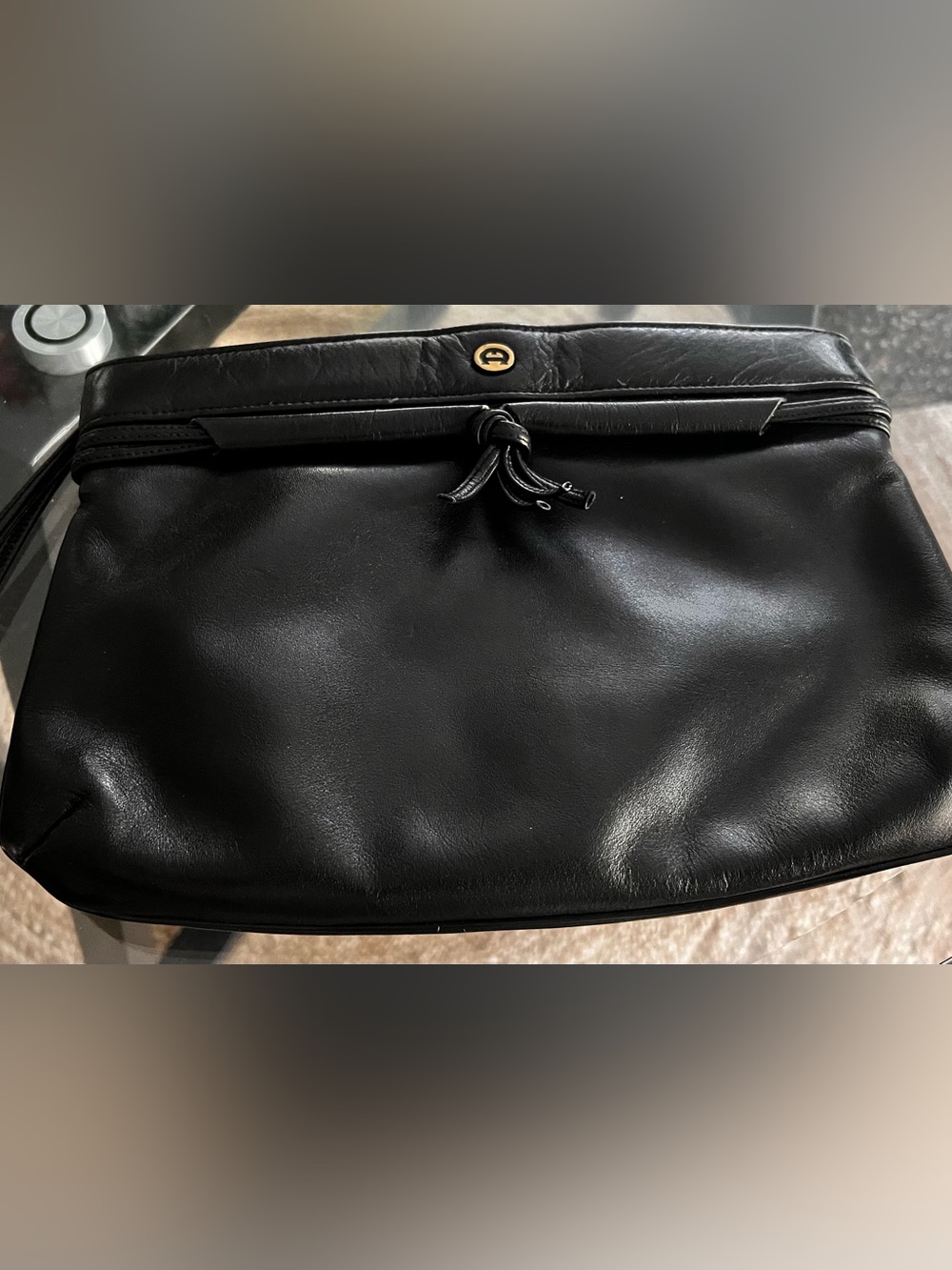 Etienne Aigner Black Leather Knot-Detail Clutch with Gold Accent